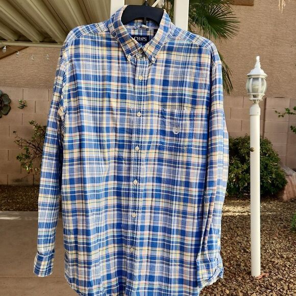 Chaps men's XXL blue plaid 100% cotton button-down collar casual shirt - Picture 1 of 7